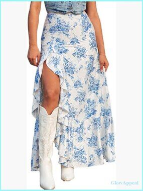 High Waist Wrap Boho Maxi Skirt Flowy Ruffle Slit Casual Summer